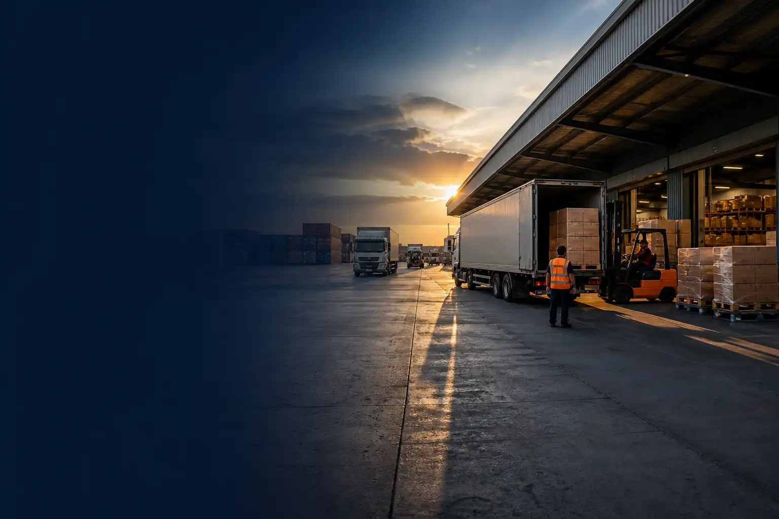 Operasi marketplace logistik dengan truk dan kegiatan pemuatan di pusat distribusi